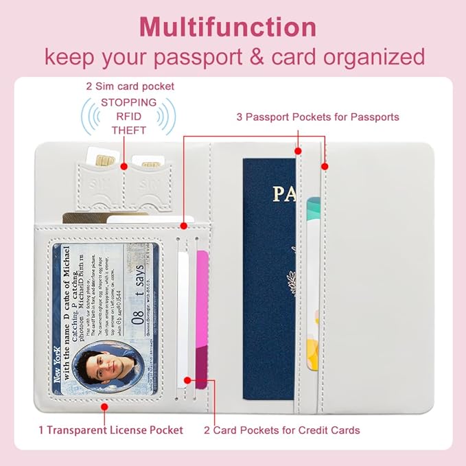 PU Leather Passport Holder Cover 5.9×4.3 Inch with Credit Card Slot and Boarding Pass Slot Combo Blocking Passport Holder Wallet Cover Case for Travel Boarding Essentials (Pink)