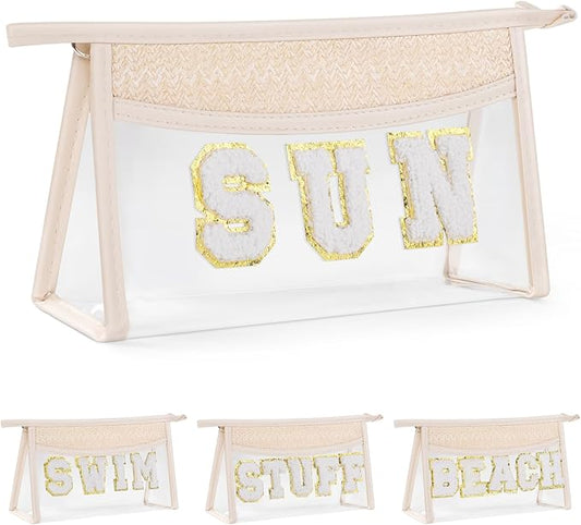 Etercycle Boho Patch SUN Cosmetic Bag, Transparent PVC Travel MakeUp Pouch Waterproof Toiletry Organizer, Small Chenille Varsity Letter Patch Bag Woven Makeup Bag
