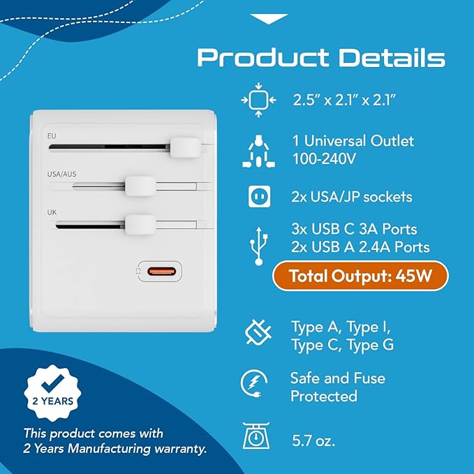 Ceptics Universal Travel Adapter for EU, UK, US, AU and More, 8 in 1 Travel Adapter, 2X US Socket, Universal Socket, 3X USB-C and 2X USB-A, 45W Fast Charge – UP-30KU-WH