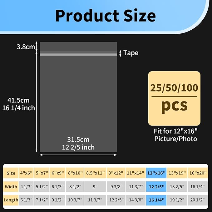 100 Pack Cellophane Bags 12x16 - Acid Free 1.57 mil (Single Side) Thick Heavy Duty Newspaper Protector Sleeves Self Adhesive 12x16 Poster Protector Crystal Clear Plastic Sleeves for Paper Photo