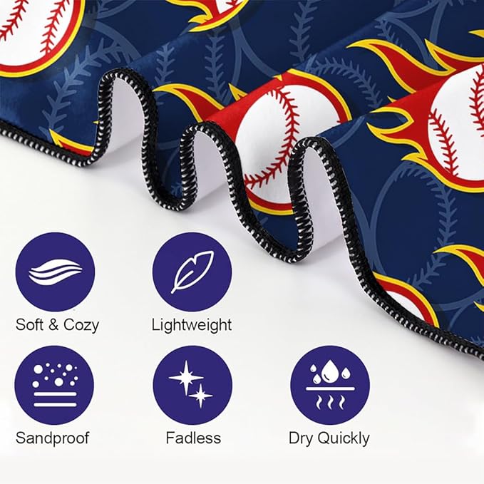 Flame Baseball Pattern Beach Towel 36"x72" Quick-Dry Sand-Free Soft Microfiber Pool Camping Travel