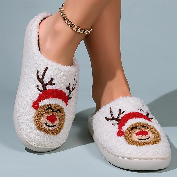 Unisex Xmas Elk Shoes Santa Reindeer Cute Strawberry Cartoon Christmas Tree Pink Bow Memory Foam Soft Plush House Slippers Indoor/Outdoor