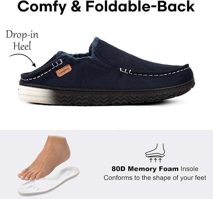 LongBay Men's Moccasin Slippers Comfy Warm Memory Foam House Shoes Winter for Indoor Outdoor