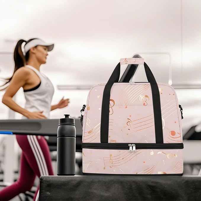 Pink Gold Musical Note Large Weekender Bag with Shoe Compartment Travel Duffel Bags for Women Carry On Hospital Overnight Bag Foldable Personal Item Travel Bags Tote Gym Sports Airplanes