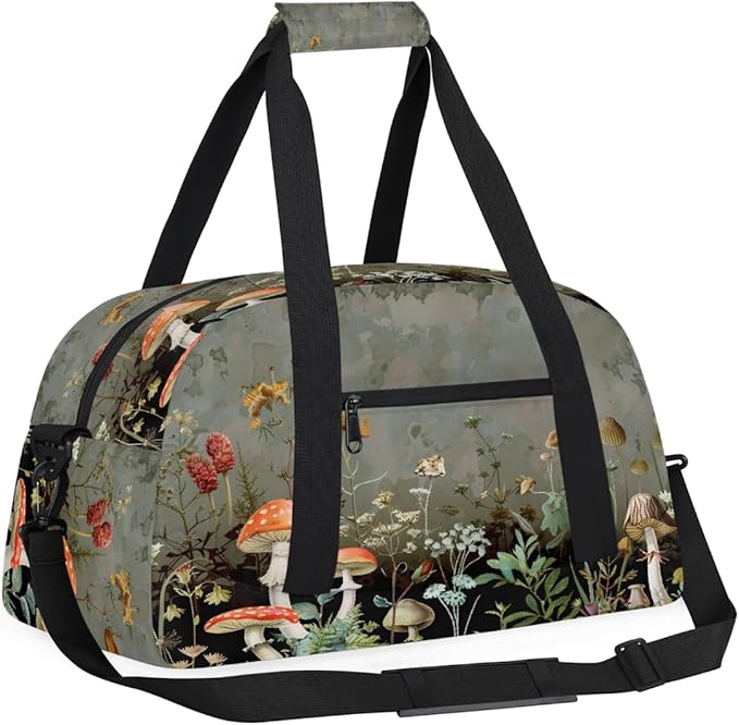 Vintage Mushroom Flowers Sports Duffel Bags, Water-Resistant Gym Duffle Bag for Men Women, Lightweight Weekender Overnight Bag for Fitness, Workout, Travel