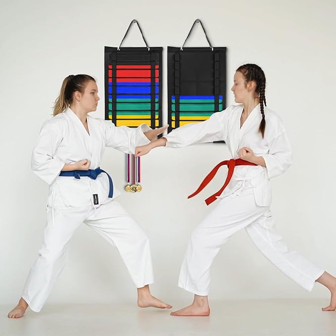 Karate Belt Display Rack, Taekwondo Belt Display Holder with Bamboo Medal Rack, Jiu Jitsu Belt Hanging Holder, Felt Martial Arts Belts Organizer for Taekwondo, Karate, BJJ Learners