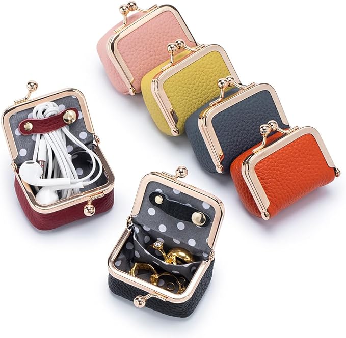 Genuine Leather Mini Jewelry Box & Coin Purse for Women, Travel Jewelry Case with Kiss Lock, Holds Earrings, Rings, Necklace, Bracelet, Coins (Yellow)