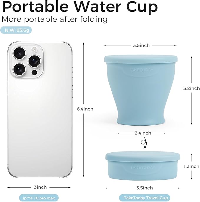 TakeToday Collapsible Travel Cup 8 oz - Silicone Foldable Water Cup, BPA-Free with Lid & Waterproof Bag - Drinking Cup Set for Office, Camping & International Travel（Blue）