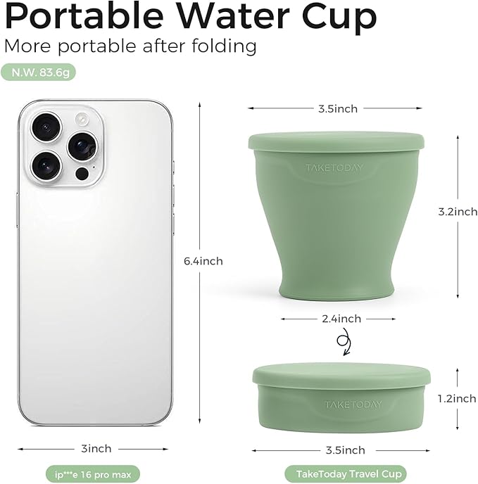 TakeToday Collapsible Travel Cup 8 oz - Silicone Foldable Water Cup, BPA-Free with Lid & Waterproof Bag - Drinking Cup Set for Office, Camping & International Travel（Green）