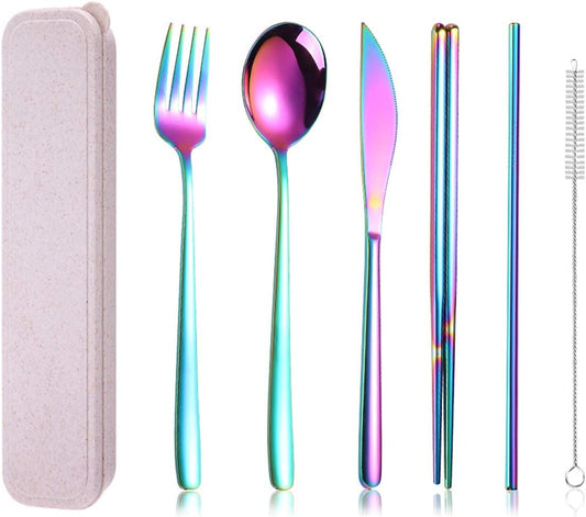 AARAINBOW 6 Pieces 18/8 Stainless Steel Flatware Set Portable Reusable Cutlery Set Travel Utensils Set Including Chopsticks Knife Fork Spoon Straws Cleaning Brush Dishwasher Safe (Multicolored)