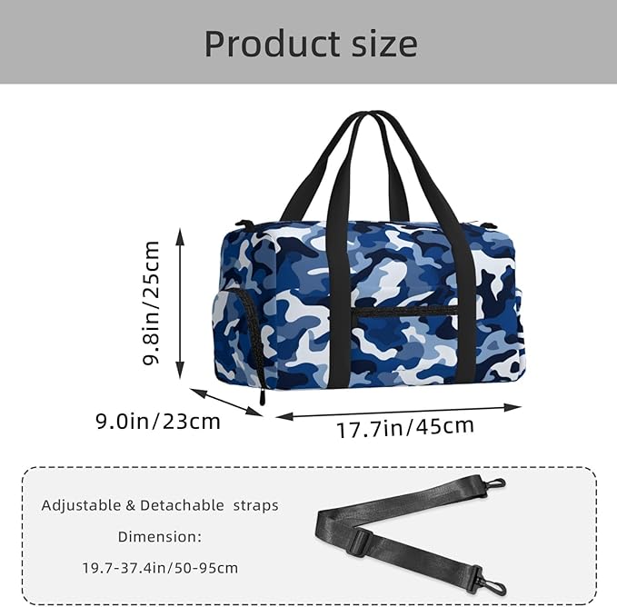 Sports Gym Bag Nave Blue Military Camo Travel Duffel Bag With Shoe Compartment Shoulder Strap, Lightweight Water-Resistant Weekend Overnight Totes For Women Men