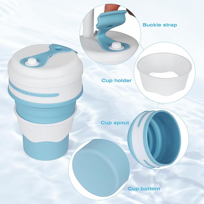 2Pcs Silicone Collapsible Cups Drinking - 16oz Reusable Collapsible Cup with Straw for Hot, Leakproof Coffee Travel Mug - Foldable & Portable for Traveling, Hiking, Camping, Blue & Grey