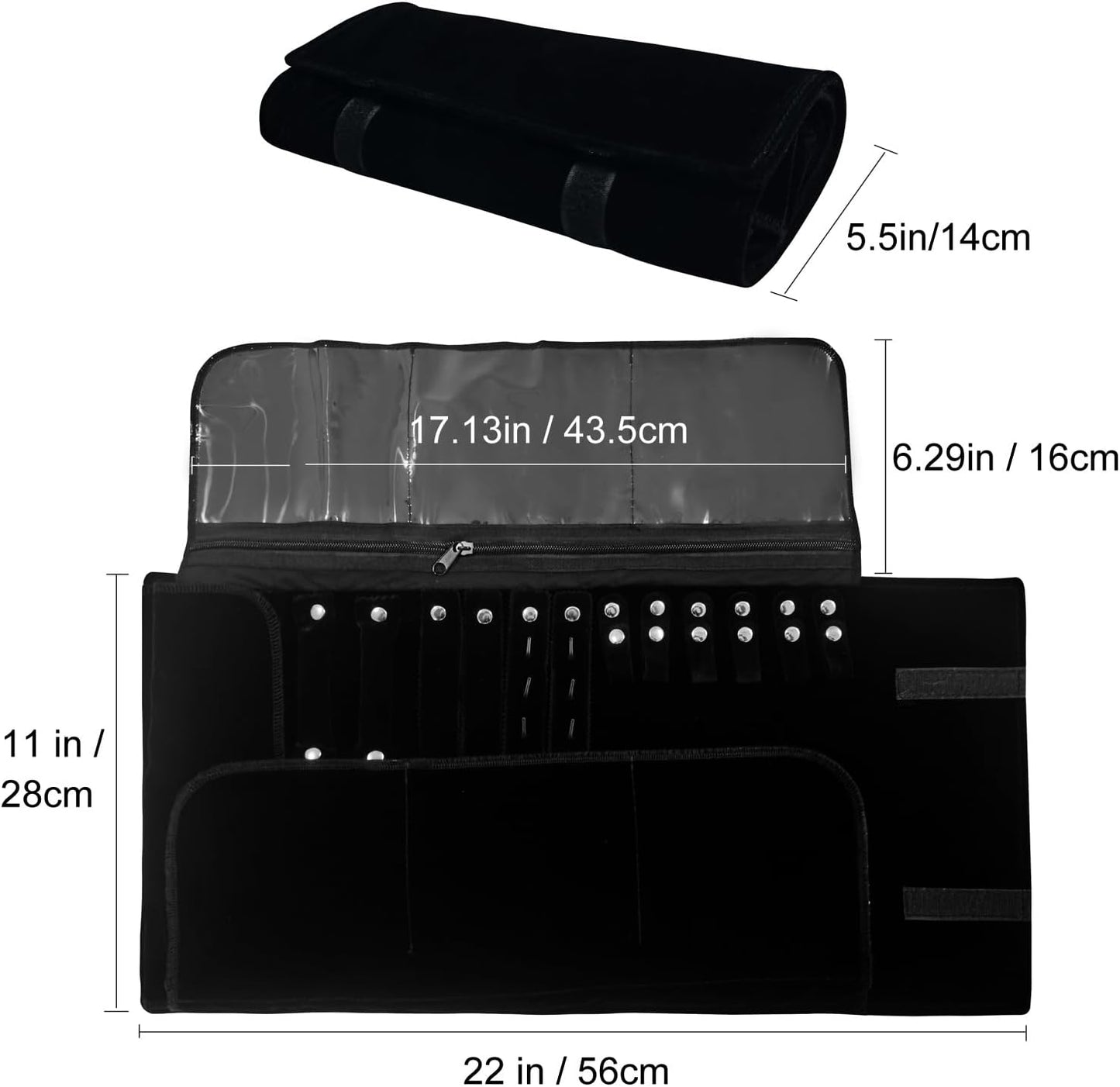 Velvet Travel Jewelry Case Roll Bag Organizer for Necklace Bracelet Earrings Ring (Black)