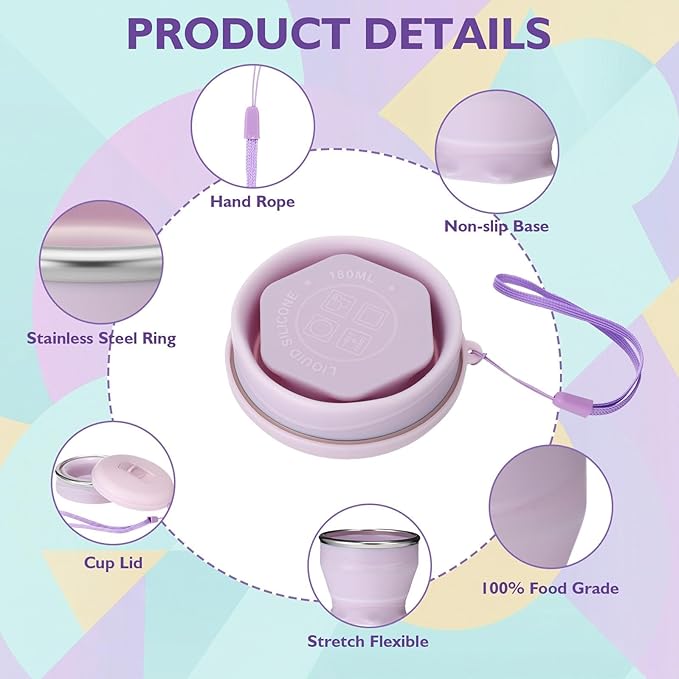 Patelai 3 Pack Silicone Collapsible Travel Cups with Straws 6oz Foldable Water Cup Bpa-free Folding Camping Mug Small Portable Drinking Cup with Lid for Travel Hiking Summer Outdoors