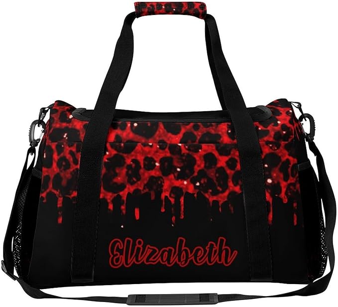 Red Maroon Leopard Sparkle Print Luggage Bag Waterproof Duffel Bag Adjustable Shoulder Strap Perform Training Travel Bag for Teens Adults Backpack