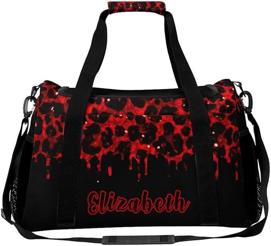 Red Maroon Leopard Sparkle Print Luggage Bag Waterproof Duffel Bag Adjustable Shoulder Strap Perform Training Travel Bag for Teens Adults Backpack