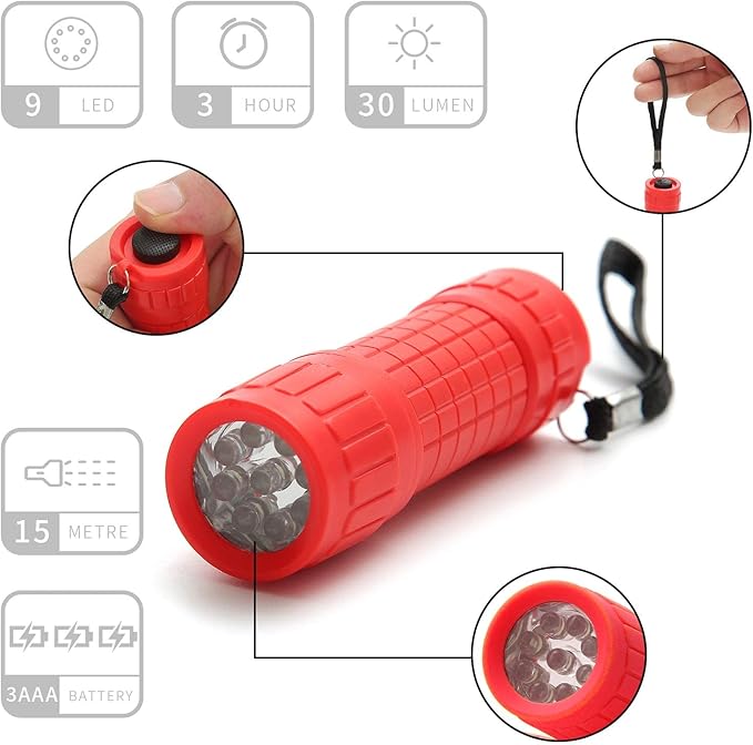 6-Pack Small Mini Flashlight Set, 9-LED Handheld Flashlight with Lanyard,18-Pack AAA Battery Included for Kids/Night Reading/Party/Camping/Emergency/Hunting (6 Pack)