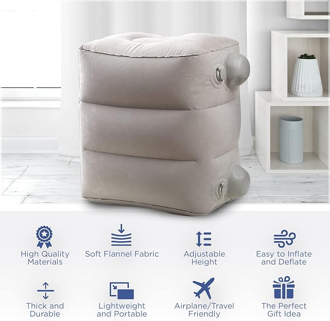 Inflatable Car Seat Foot Rest for Airplane or Toddler Bed for Air Plane (with Integrated Pump) (Grey)