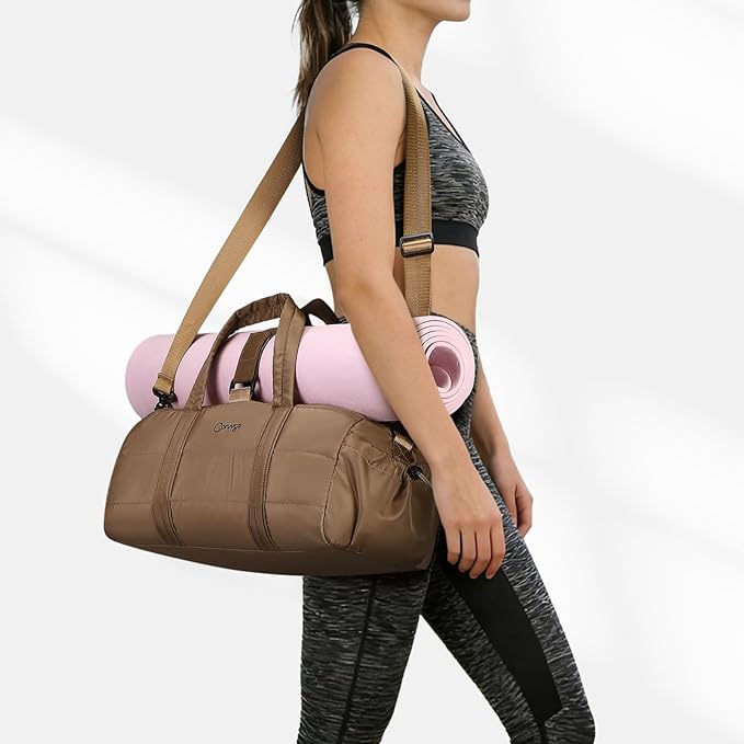 20L Gym Bag for Women, Medium Sport Duffel Bag with Yoga Mat Strap,Wet Pocket, Water-Resistant Adjustable Strap for Gym Yoga, Brown