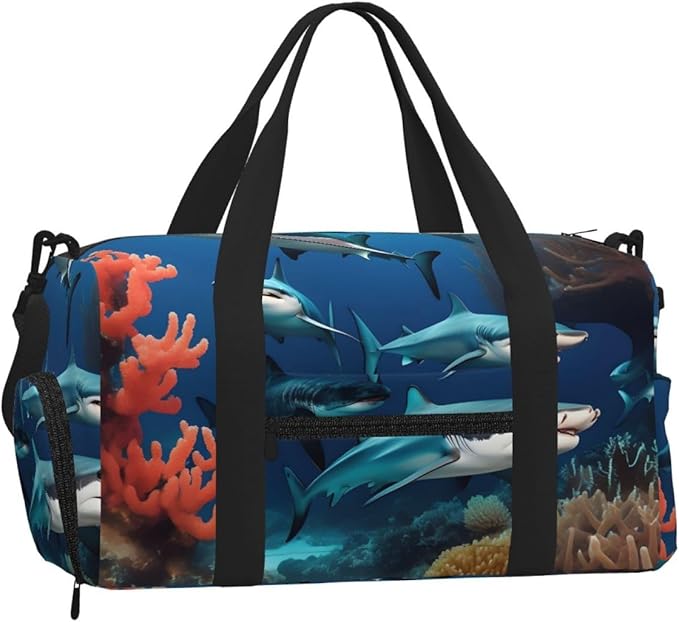 Submarine shark coral Print Gym Bag with Shoe Compartment for Women Men, 17.7in Sports Duffle Weekender Tote, Overnight Travel Duffel Bag Carry On