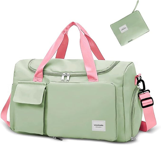 WOOMADA Foldable Travel Duffel Bag for Women, Weekender Bags with Shoes Compartment,Overnight Bag with Wet Pocket & Trolley Sleeve(Green&Pink)