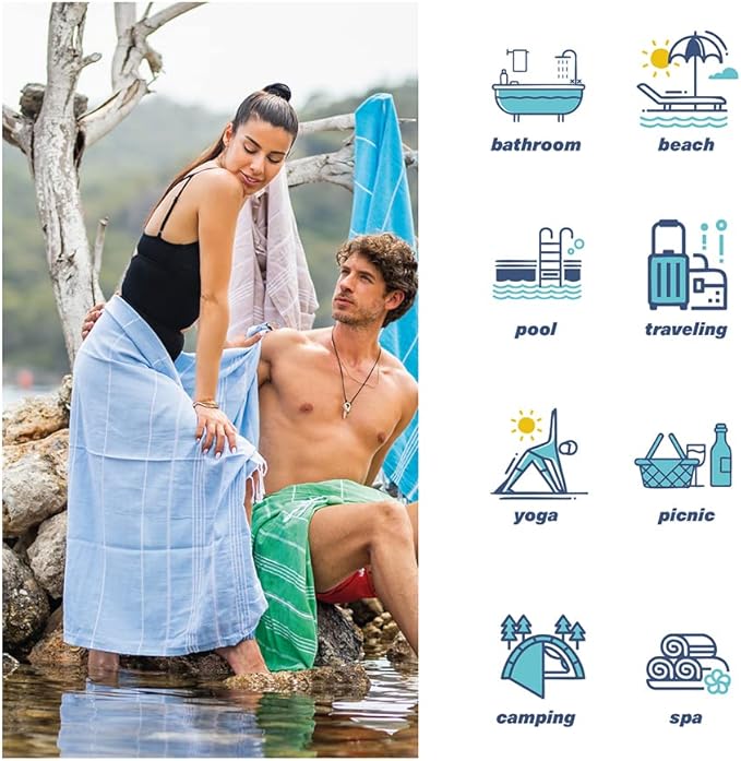 Hencely Turkish Beach Towel 37x68 Oversized, Sand-Free, Quick-Dry, Lightweight - Travel Essential for Pool & Bath - Striped 100% Cotton Bathroom Towels Accessories Gift (Light Blue)