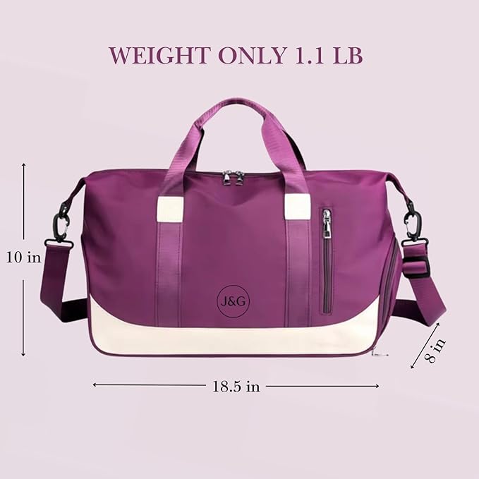 J&G Waterproof Gym Duffel Bag – Lightweight Travel & Sports Bag with Shoe Compartment and Wet Pocket for Men & Women – Carry-On Weekender for Gym, Beach, Trips – 8 Colors (Purple)