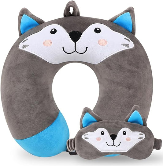 Travel Pillow, Kids Travel Pillow with Sleep Eye Mask Soft Memory Foam Kids Neck Pillow for Boys & Girls, Travel Accessories for Car Airplane Traveling - Wolf