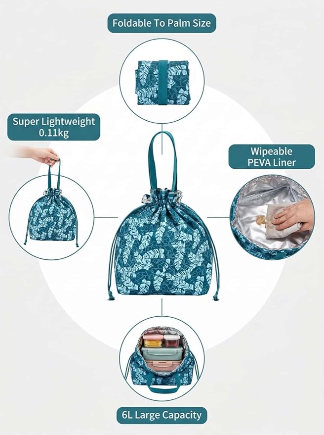 Reusable Small Lunch Bag,Drawstring Lunch Bag,Insulated Handbag Tote bag with Handle (Broadleaf Blue)