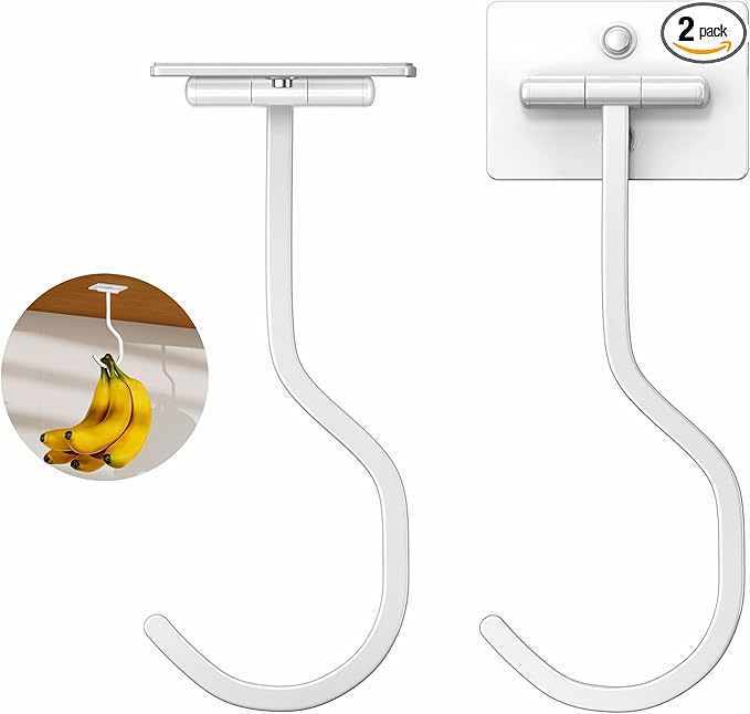 2-Pack Under Cabinet Banana Hook - Foldable Magnetic Banana Hangers, Adhesive & Space-Saving, Folds Up When Not in Use, White, for Kitchen, RV, Home, Office