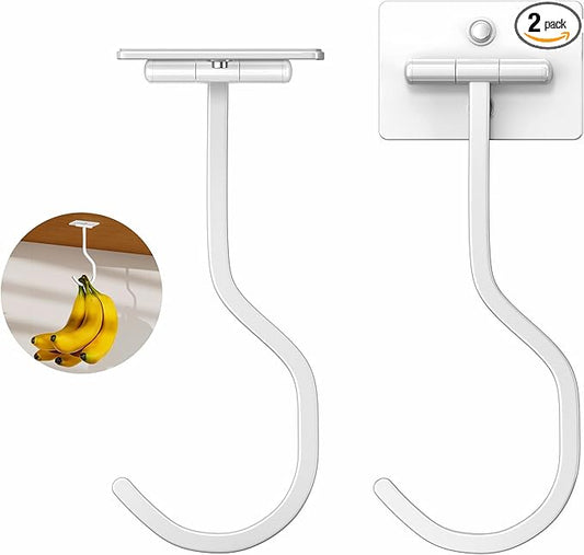 2-Pack Under Cabinet Banana Hook - Foldable Magnetic Banana Hangers, Adhesive & Space-Saving, Folds Up When Not in Use, White, for Kitchen, RV, Home, Office