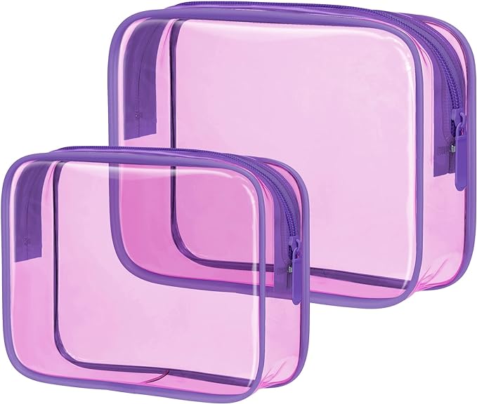 PACKISM TSA Approved Toiletry Bag 2 Pack - 1 Medium TSA Quart Carry-On & 1 Large for Checked Luggage, Water-resistant Clear Makeup Bag Clear Travel Bags for Toiletries, Light Pinkish Purple