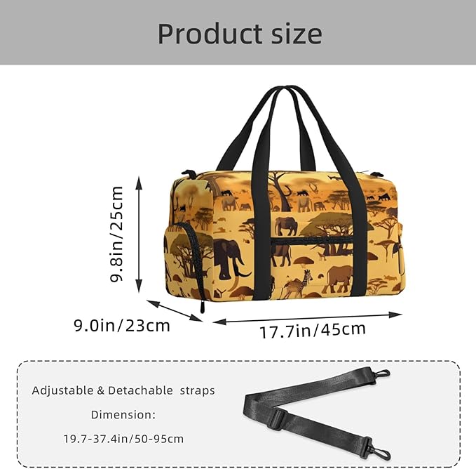 African grassland animals Print Gym Bag with Shoe Compartment for Women Men, 17.7in Sports Duffle Weekender Tote, Overnight Travel Duffel Bag Carry On
