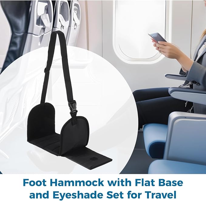 2 PCS Foot Hammock for Plane Travel with 2 Eyeshades, Plane Foot Hammock, Under Desk Foot Hammock for Office, Adjustable Length and Portable Design, No Collapse with Bamboo Board Support