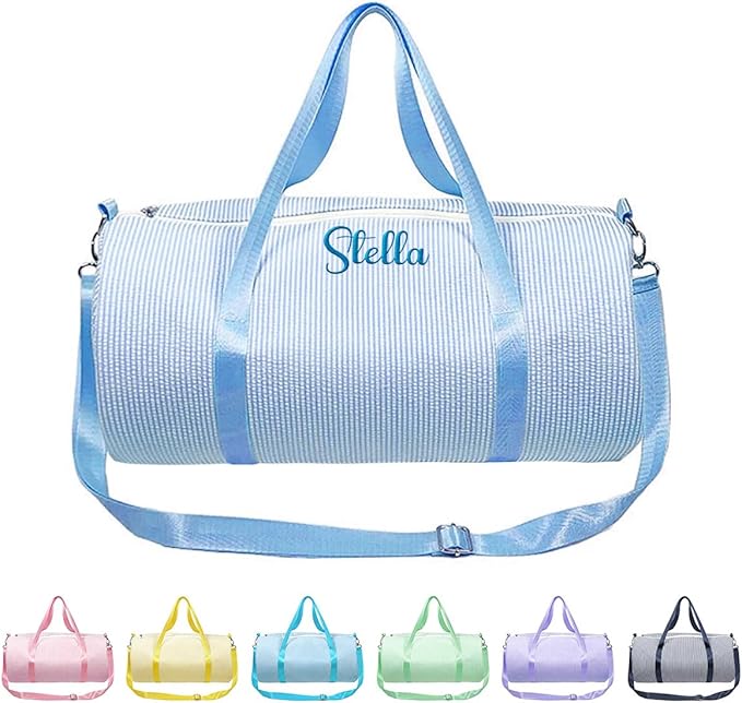 Personalized Seersucker Duffle Bag for Girls, Custom Dance Bag with Embroidered Name,Overnight Bag Ballet Gym Weekender Travel Bag