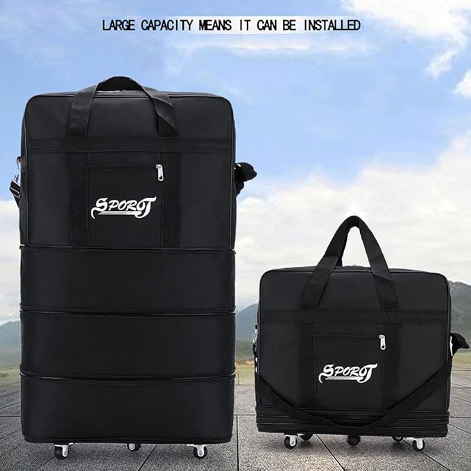 Expandable Extra Large Travel Oxford Duffel Bag with Wheels Waterproof Lightweight Traveling Foldable Suitcase (Black, L)