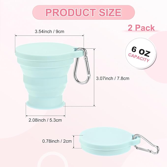 2 Pack Collapsible Travel Cup, 6oz(180ml) Silicone Portable Foldable Water Cup Bottle with Spring Buckle for Travel/Camping/Hiking, Reusable [Blue]