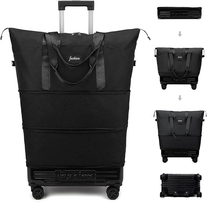 Rolling Duffle Bag with Wheels and Handle, Expandable Foldable Travel Bag - Wheeled Carry On Luggage, Collapsible Suitcase for Weekend Trips, Gym, Large Capacity & Waterproof (Black)