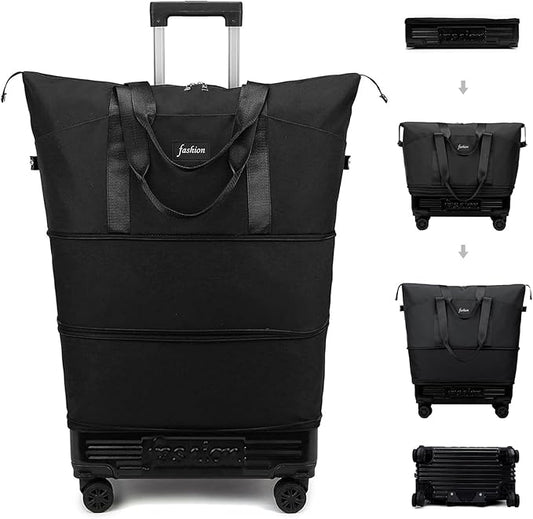 Rolling Duffle Bag with Wheels and Handle, Expandable Foldable Travel Bag - Wheeled Carry On Luggage, Collapsible Suitcase for Weekend Trips, Gym, Large Capacity & Waterproof (Black)