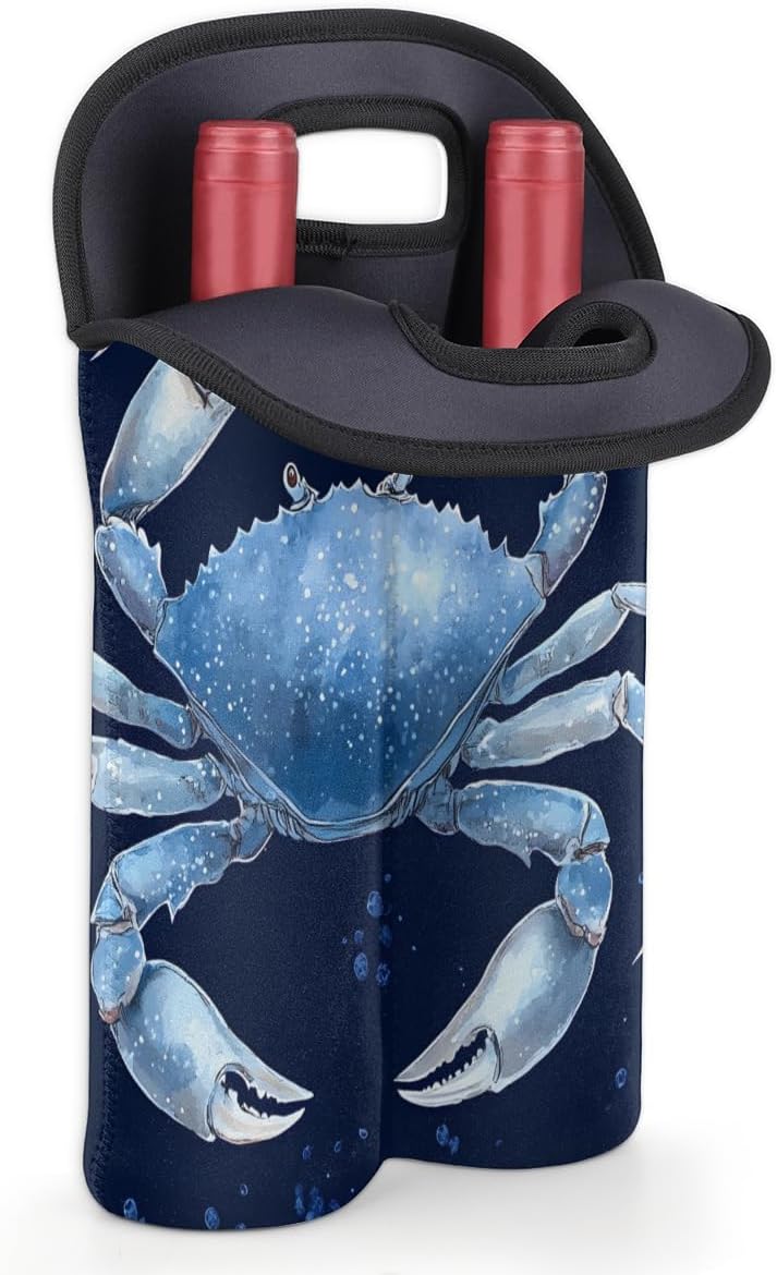 Neoprene Wine Tote, Bottle Carrier Gag Insulating Neoprene Thicker, Insulated Wine Bag for Travel Holds Two Bottles, Bottle Carrier Bags Protect the Bottles, Blue Crab