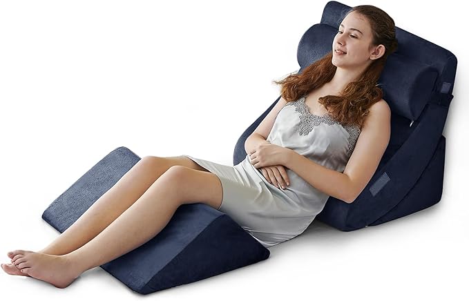 4Pcs Wedge Pillow for Sleeping, Orthopedic Bed Wedge Pillows for After Surgery, Foam Triangle Sit Up Pillow Wedge for Back, Neck, Shoulder Support, Leg Elevation, Acid Reflux, Gerd, Snoring Navy Blue