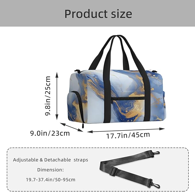 Sports Gym Bag Blue Golden Marble Pattern Travel Duffel Bag With Shoe Compartment Shoulder Strap, Lightweight Water-Resistant Weekend Overnight Totes For Women Men
