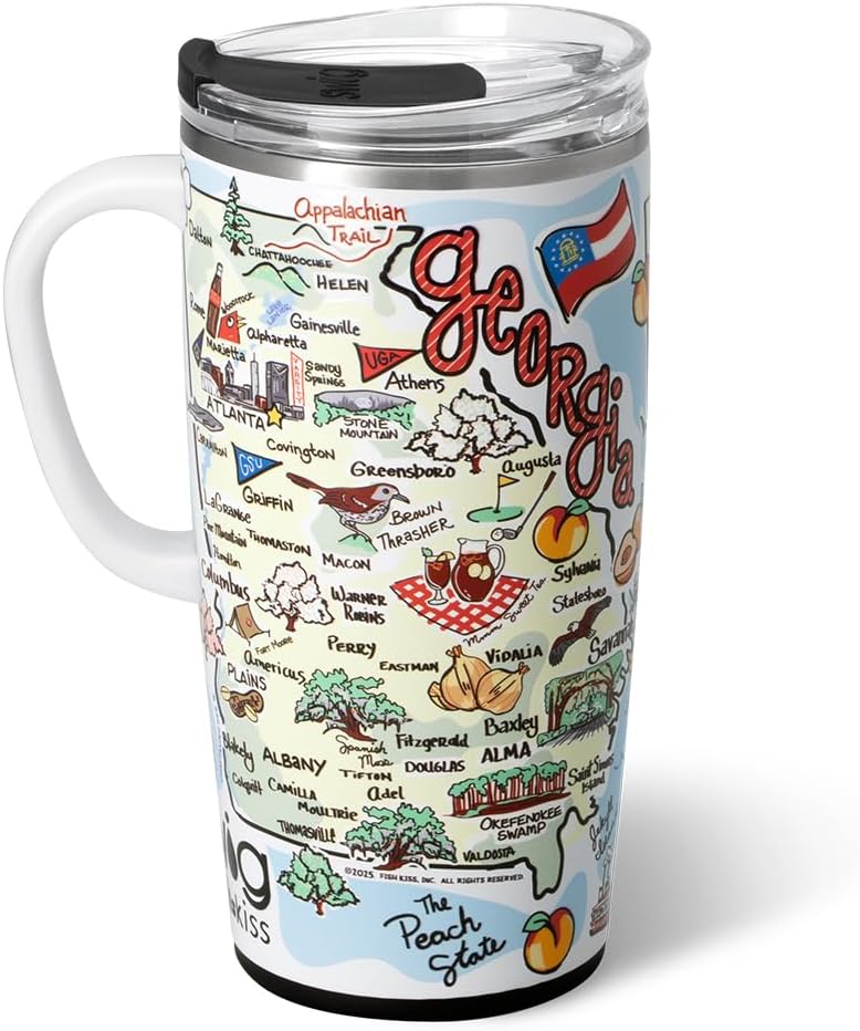 Swig Life 22oz Travel Mug, Insulated Tumbler with Handle and Lid, Travel Coffee Mug, Cup Holder Friendly, Stainless Steel 22 oz Tumbler, Reusable Insulated with Lid (Georgia)