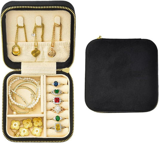 Travel Jewelry Case, Small Plush Velvet Jewelry Box for Women and Girls, Portable Jewelry holder organizer for Rings Earrings Necklaces Bracelets(Black)