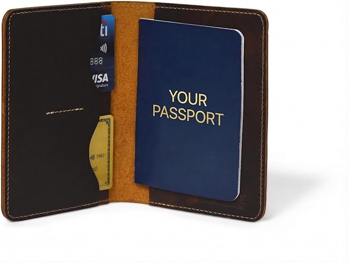 Rustique Leather Passport Holder Collection - Handmade Travel Wallet & Organizer - Full Grain Crazy Horse Leather Covers for Men & Women (Multiple Styles) (Wavy Pocket Wallet - Tobacco & Honey)