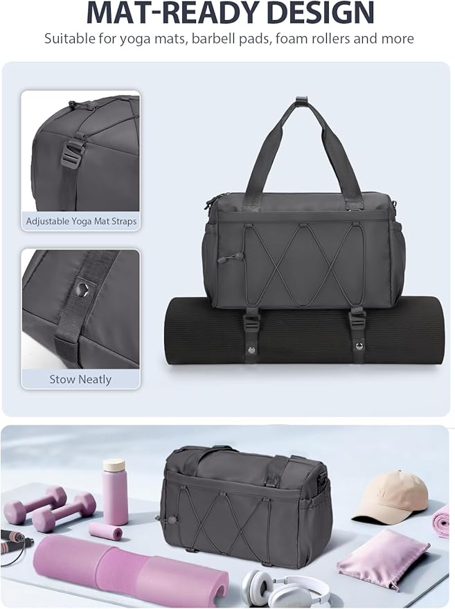 Small Gym Bag for Women with Yoga Mat Holder and Wet Compartment, Mini Gym Duffle Bag Yoga Bag with Water Bottle Pocket for Workout Travel, Dark Gray
