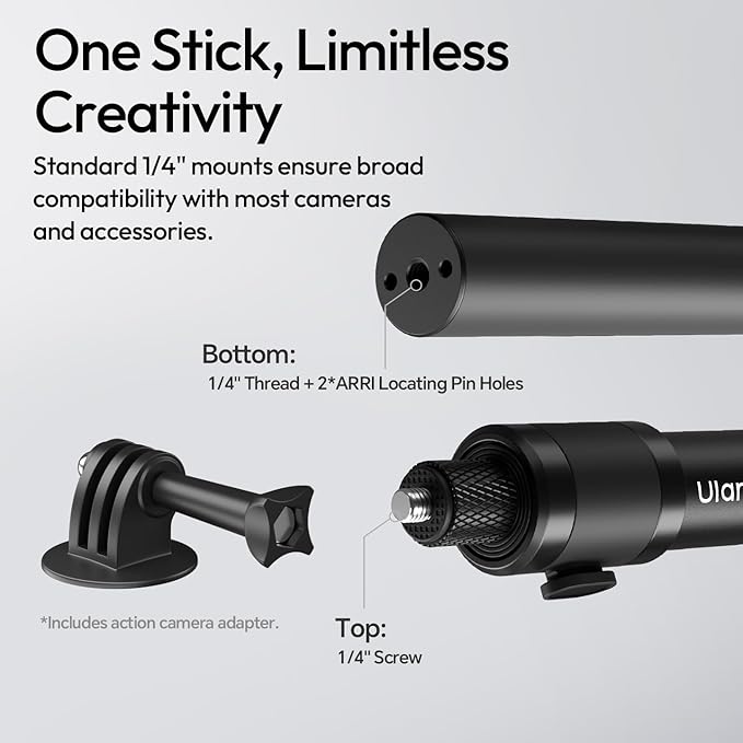 ULANZI VL04 Invisible Selfie Stick ClipMate - 44.88" Extension Pole with Universal 1/4" Mount & ARRI Pins, Compatible with Insta360 X5/GoPro Hero 13-5/DJI OSMO Pocket 3/Xtra,Action Camera Tripod Pole