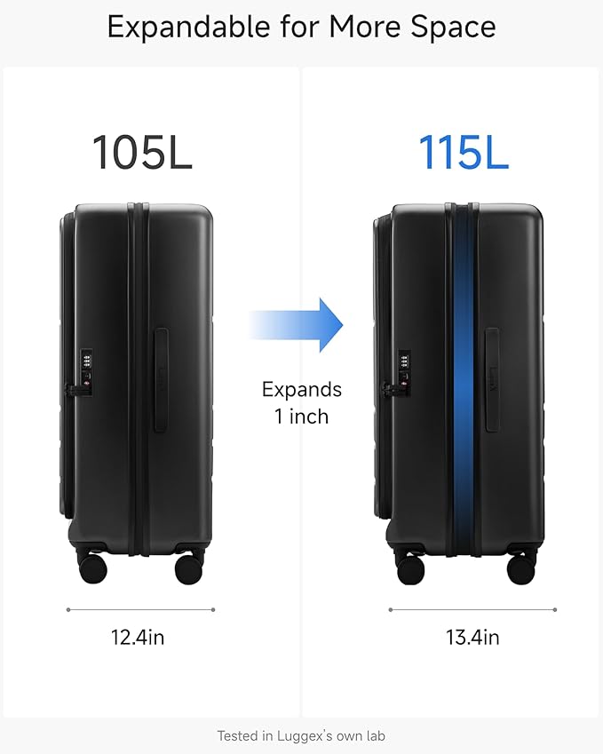 LUGGEX Checked Suitcase Top Opening, FLT Expandable Polycarbonate Hard Shell Suitcase with Wheels (FX-Lite, Black, 30 Inch, 105L-115L)