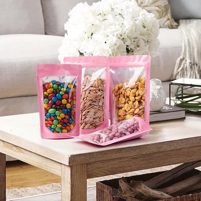 LZLPACKING 100 Pieces resealable Mylar Bags with Clear Front Window,Smell Proof Edible Packaging,Stand up Pouches for Food Storage(Pink/5×8 Inch/12.7 x 20.3cm)