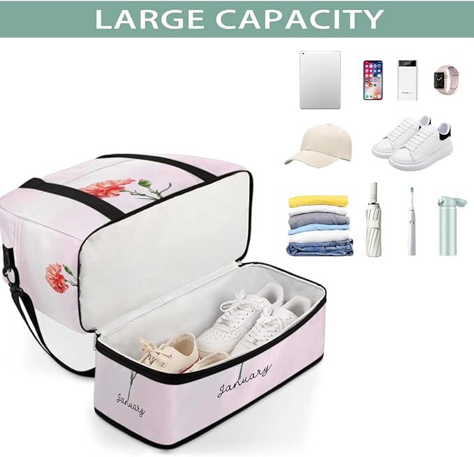 Pink Flowers Text Large Weekender Bag with Shoe Compartment Travel Duffel Bags for Women Carry On Hospital Overnight Bag Foldable Personal Item Travel Bags Tote Gym Sports Airplanes